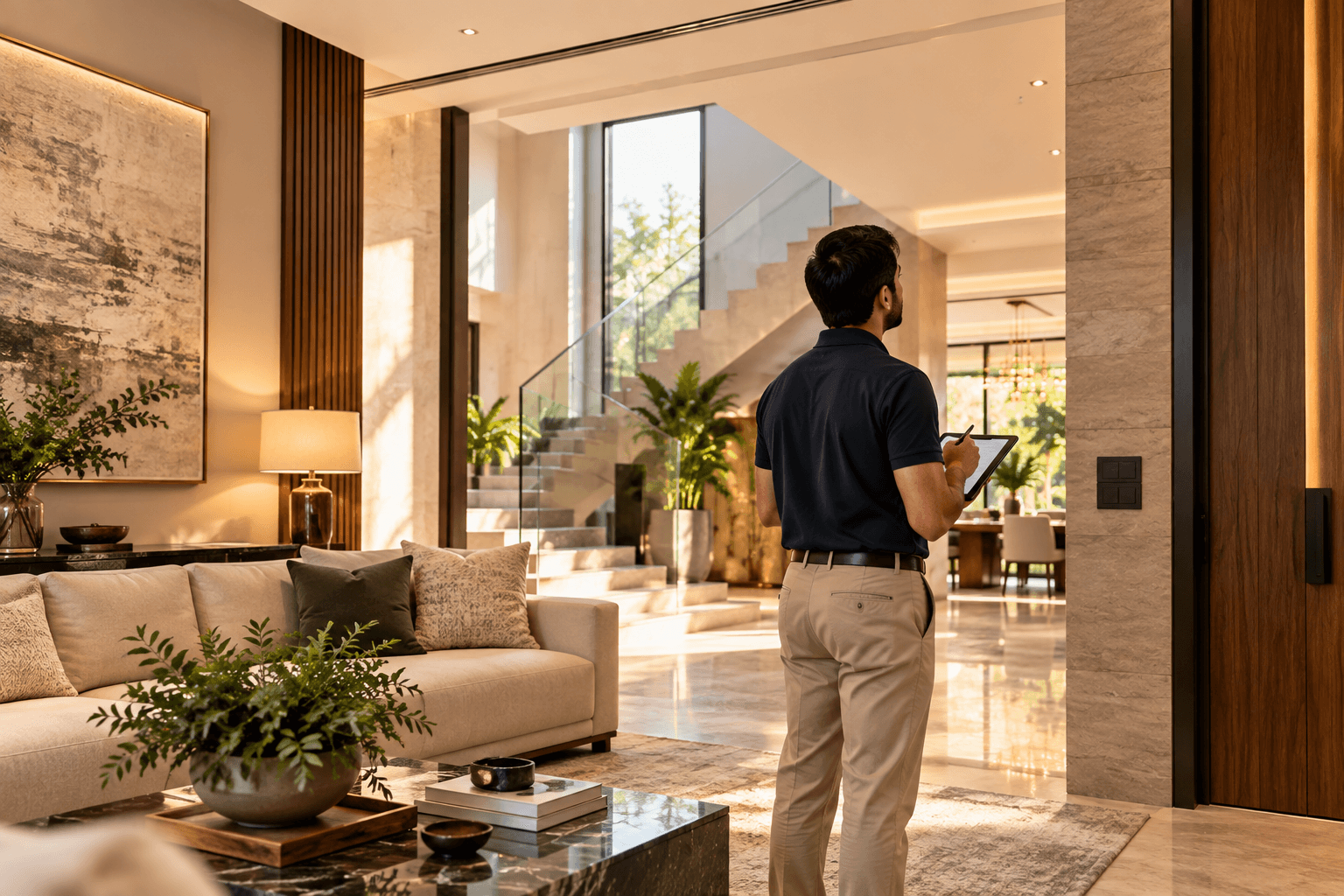 A person holding a tablet while observing a bright residential interior.