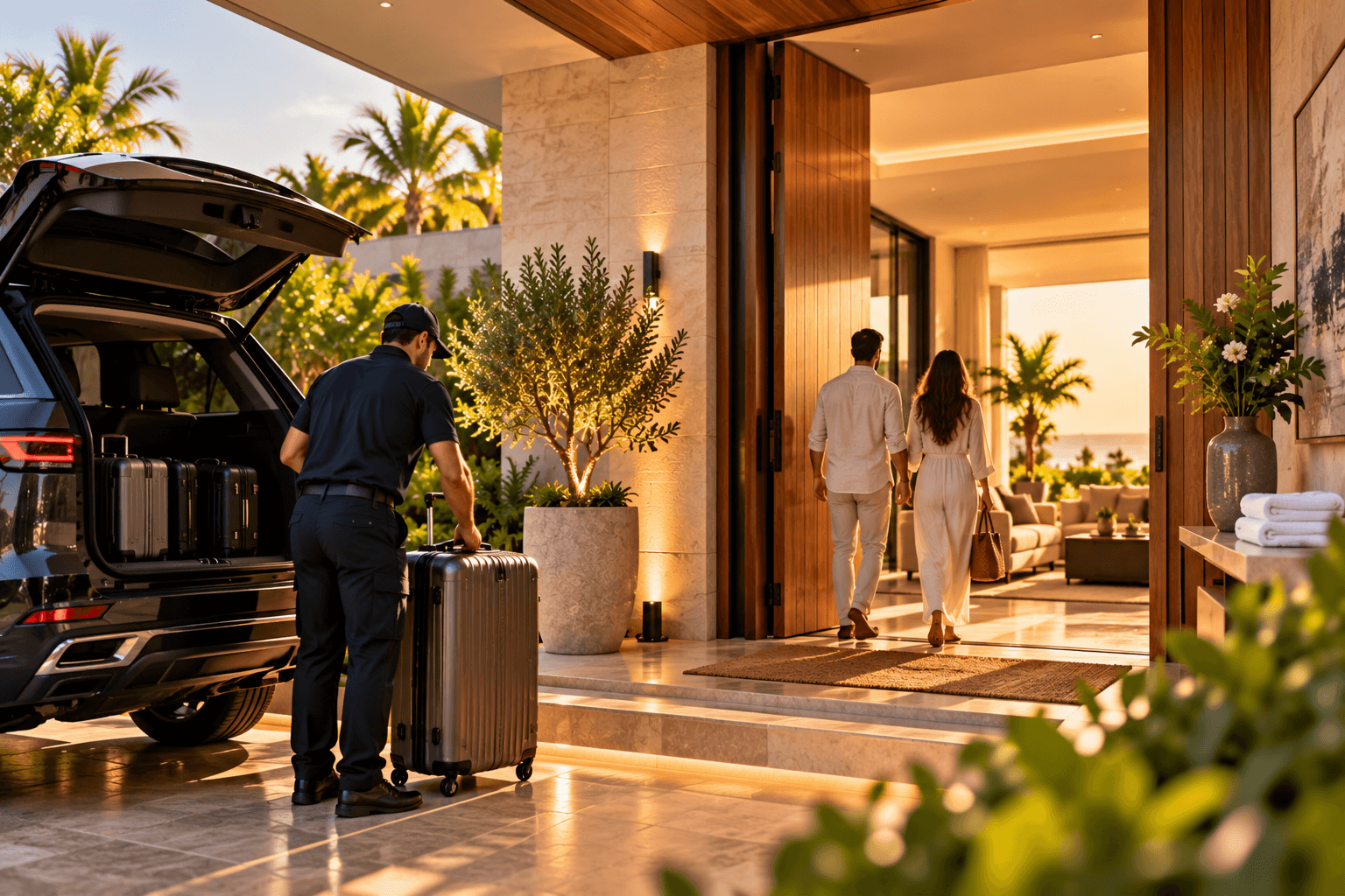 Illustrative arrival scene: a couple enters a residence while another person handles luggage beside a vehicle.